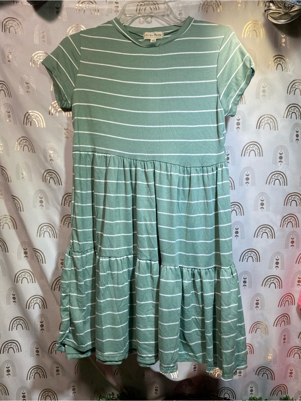 See You Monday Sage Green and White Striped Tiered Midi Dress